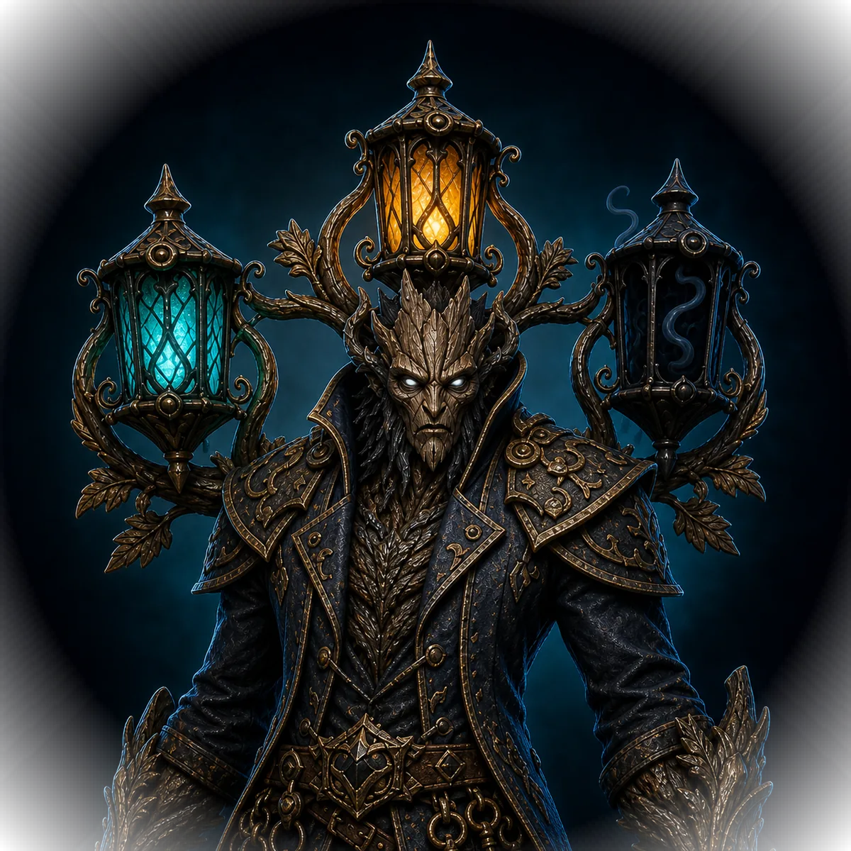 Character artwork of the Beckoner, an ancient figure carrying three great lanterns