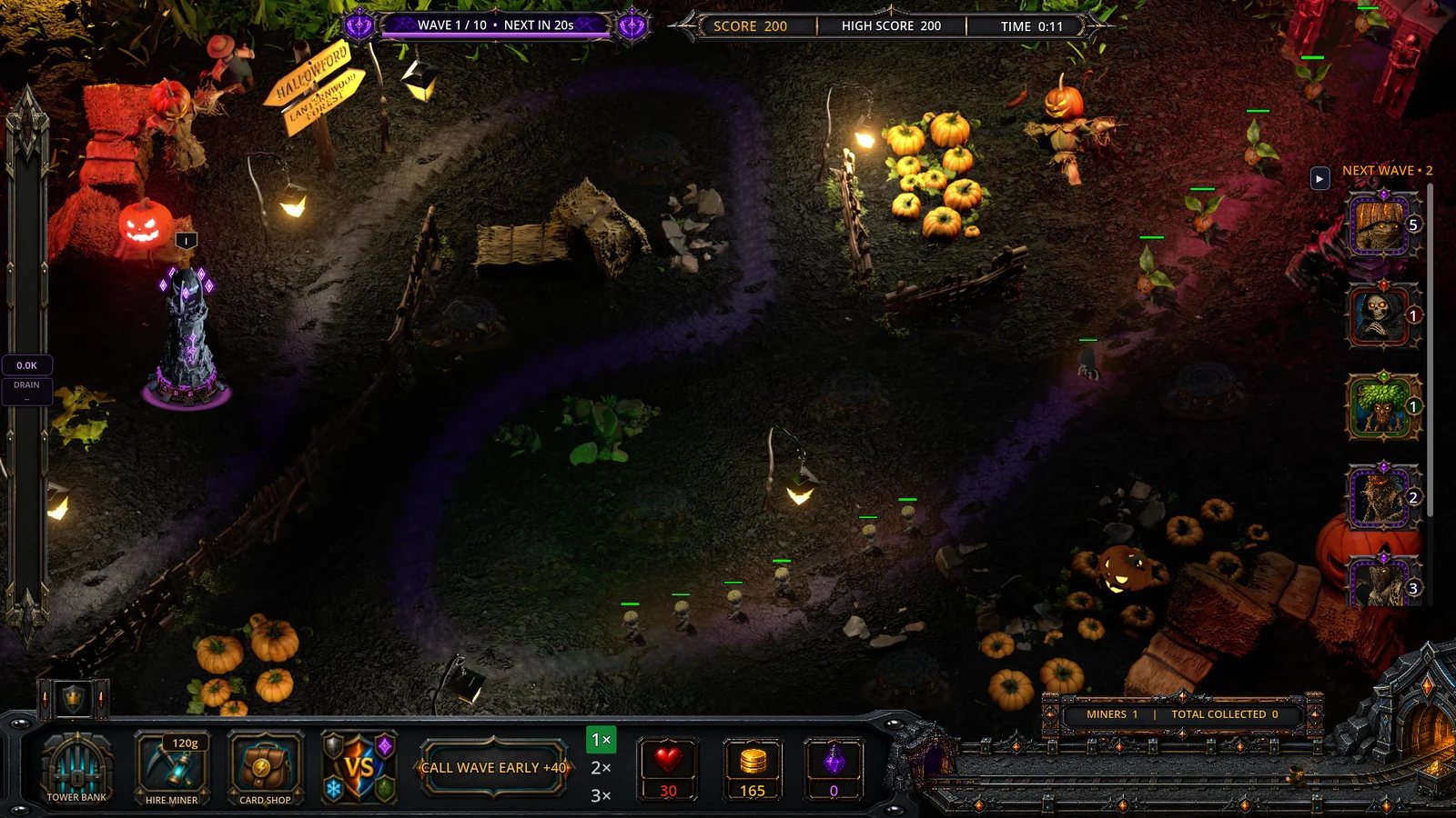 Lanternfall gameplay: defending the Whispering Pumpkin Patch with towers, miners and a persistent arsenal