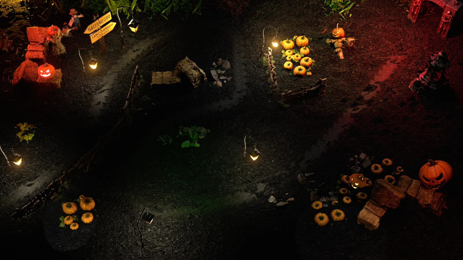 Warm lanterns, crooked fences and pumpkins beside the winding road of the first realm