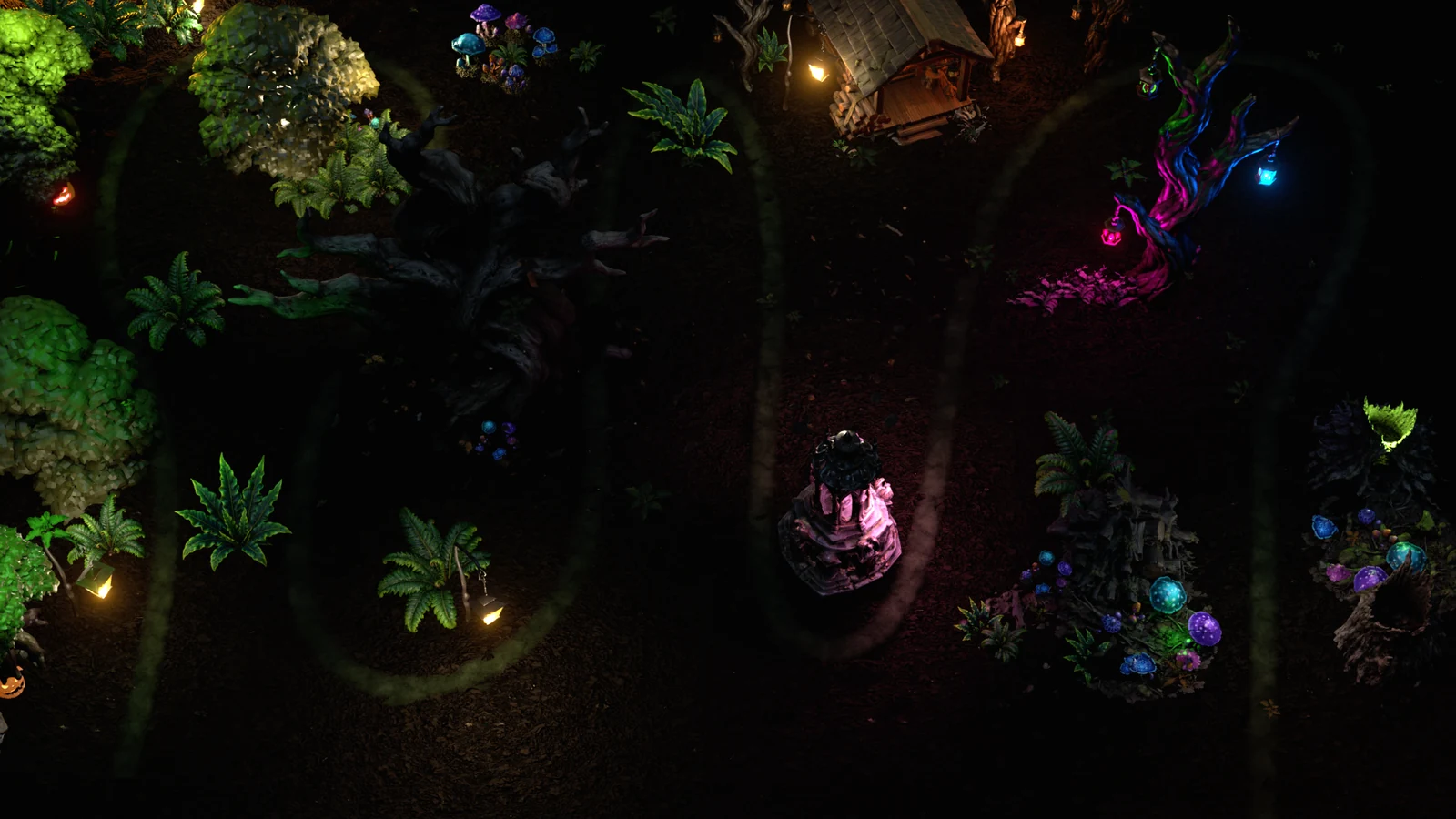 The twisted trees and strangely coloured lanterns of Lanternwood Forest
